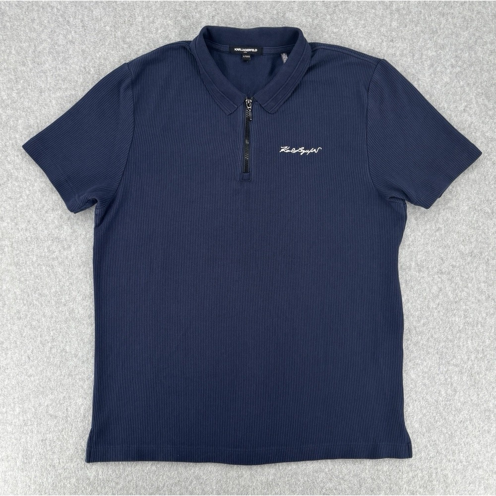Karl Lagerfeld Paris Ribbed Quarter Zip Polo Shirt Navy Men's XL